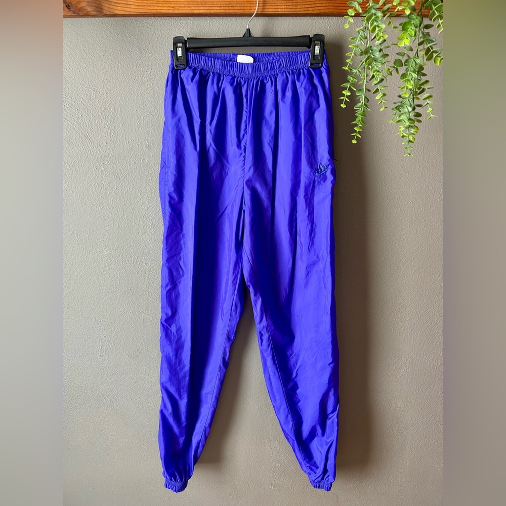 Vintage Nike Track Pants Royal Blue Purple Nylon Joggers has Ankle Zippers 80s M